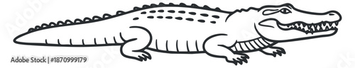 A crocodile illustration in black and white outline vector style, suitable for educational materials and wildlife designs