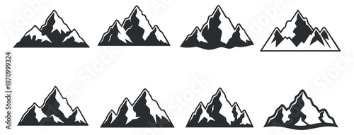 A collection of eight mountain icon illustrations in black and white minimalist vector style, ideal for outdoor adventure themes and travel branding