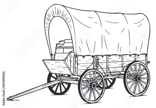 A vintage wooden wagon with a canvas cover in black and white outline vector style, ideal for historical illustrations and travel themes