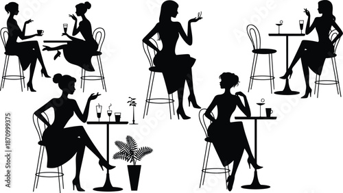 Charming Silhouette Illustrations of Women Socializing in a Café, Perfect for Lifestyle and Fashion Design Projects flat vector illustration