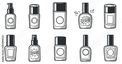 A collection of cosmetic and skincare product bottles in black and white outline vector style, ideal for beauty branding and packaging design