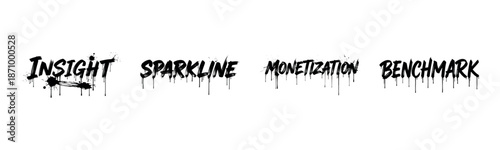 Graffiti-style words: insight, sparkline, monetization, benchmark on white background