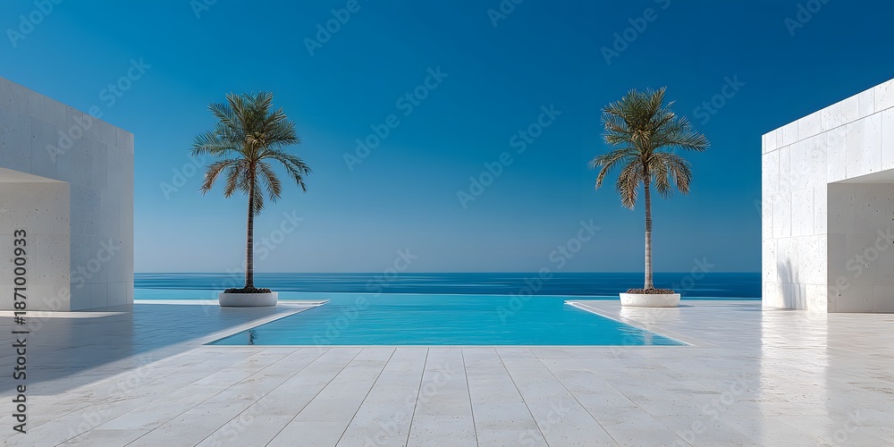 Fototapeta premium Panoramic view of a minimalist white stone terrace overlooking a calm blue ocean, symmetrical palm trees framing a bright, clear blue horizon.