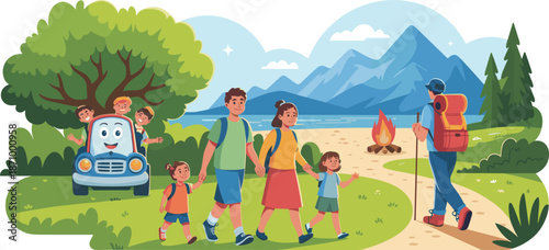 Happy family hiking adventure with kids and friends, outdoor camping, nature exploration, mountain trail, summer vacation, and backpacking fun flat vector illustration