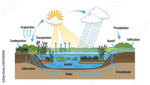 The water cycle process illustrated with a diagram showing evaporation condensation and precipitation in a natural ecosystem with plants and water bodies
