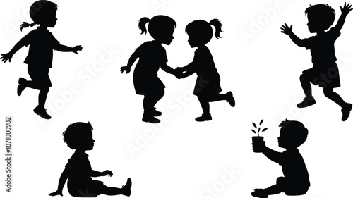 Playful Silhouettes: Children Running, Holding Hands, and Exploring in Black and White Art flat vector illustration