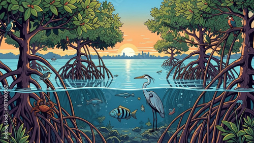 A serene mangrove forest at sunset with a heron standing in the water surrounded by fish and other sea life with city skyline in the background