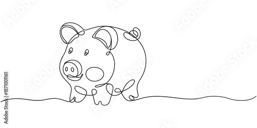 Continuous line piggy bank. piggy bank icon one line drawing. invitation let's save, one line art concept of business finance. One continuous line drawing of piggy bank with dollar coin.
