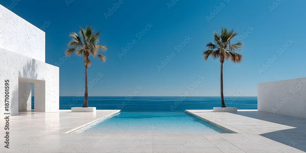 Fototapeta premium Panoramic view of a minimalist white stone terrace overlooking a calm blue ocean, symmetrical palm trees framing a bright, clear blue horizon.