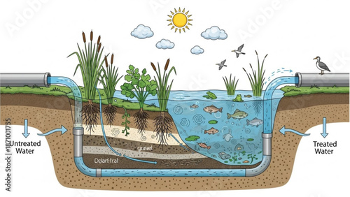 Constructed wetland system for wastewater treatment with plants and fish in water filtration process with sustainable and environmental and ecosystem