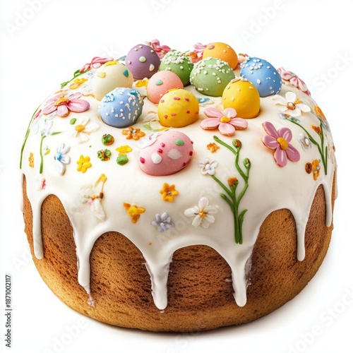 Traditional Easter cake with white icing, decorated with colorful sugar eggs and spring flowers isolated on white background