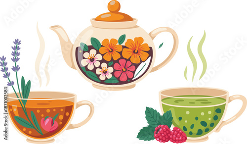 Whimsical Tea Time Illustration with Floral Teapot, Herbal Tea Cups, and Fresh Berries for Relaxing Moments flat vector illustration