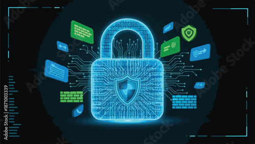 A blue glowing lock with circuit board design and security symbols