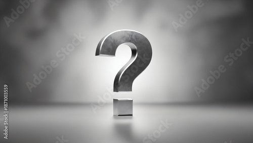 A high-contrast, black and white 3D rendering of a large, metallic question mark centered in the frame. It has a brushed, textured metal finish, giving it a solid, industrial, and weighty appearance.