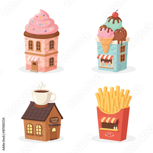 Collection of charming cartoon-style buildings depicting popular food and drink establishments like ice cream parlors, coffee shops, and fast food joints
