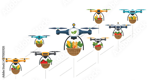 Drones delivering fresh produce and vegetables in baskets, Generative AI.