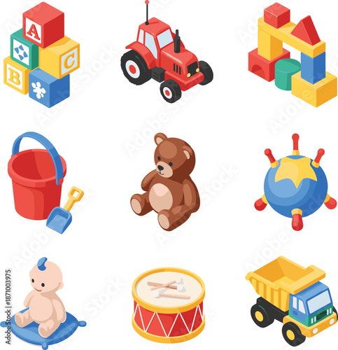 Cute children toys illustration set featuring blocks vehicles baby items and colorful playtime objects