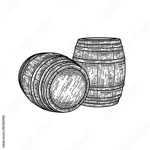 hand drawn wooden barrels line art vector illustration