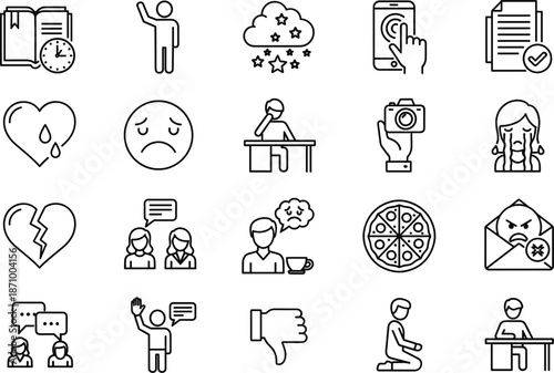 Human emotions and social interaction line icons illustration set showing feelings communication and mental states