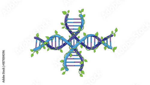 Complex illustration featuring two interlocked blue DNA double helix structures intricately adorned with vibrant green leaves, symbolizing natural genetics, bio-fusion, and ecological life science.