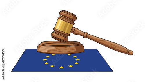 Imposing judge's gavel resting firmly upon the blue flag of the European Union, symbolizing European law, justice, governance, and legal authority within the EU.