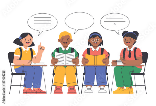 A diverse group of students sitting at desks in a classroom with speech bubbles above their heads