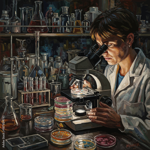 Scientist Examining Sample Under Microscope in Modern Research Laboratory