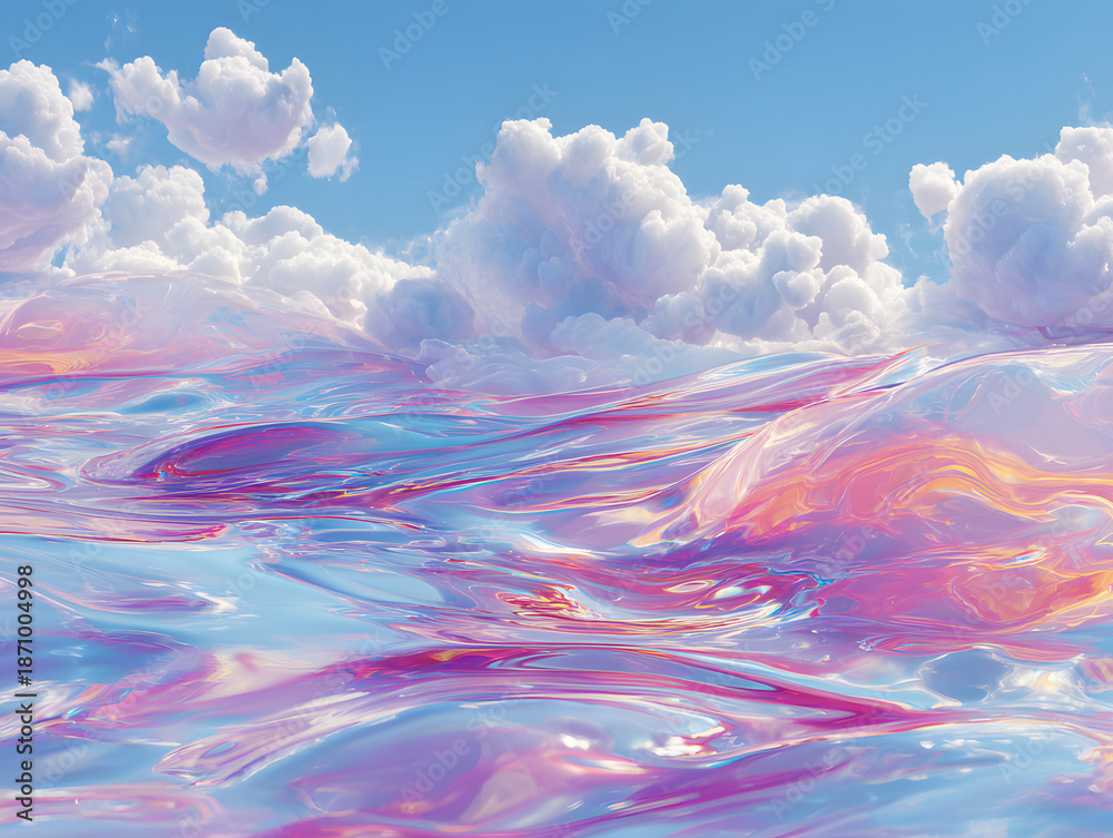 Obraz premium Vibrant Holographic Waves Crash Against a Serene Sky with Fluffy Clouds