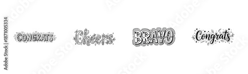 Decorative typography: congrats, cheers, bravo words with illustrative designs