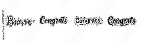 Hand-drawn bravo and congrats typography design set