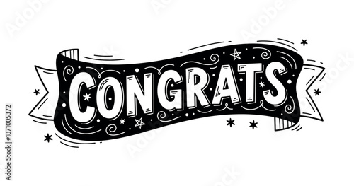 Black and white congratulations banner with artistic lettering and stars