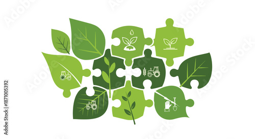 Green puzzle pieces with leaves and nature symbols representing environmental solutions, Generative AI.