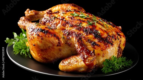 Juicy rotisserie chicken on black background.