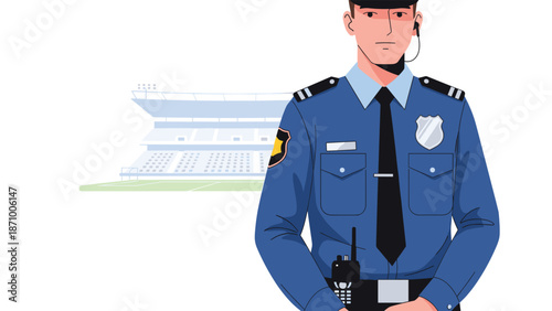 Professional security guard or police officer in uniform, holding a walkie-talkie, confidently standing in front of a large stadium, symbolizing event security and public safety.