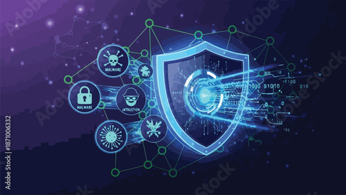 A blue shield surrounded by malware symbols and circuit board patterns