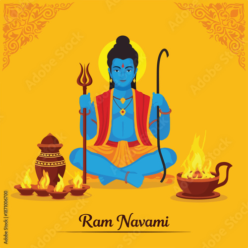 A blue-skinned man with a yellow halo, seated in a meditative pose