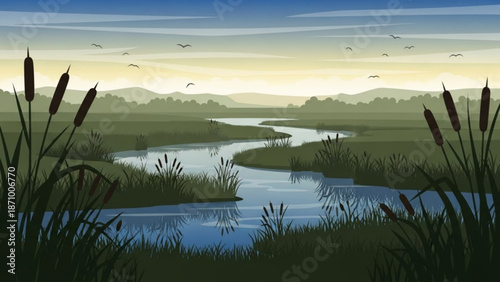 Serene landscape with winding river flowing through cattail wetlands at sunset with birds flying overhead in a natural scenic environment with nature