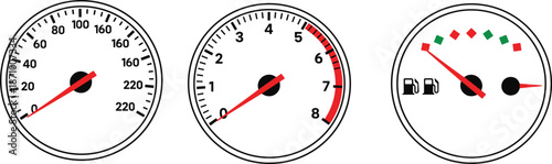 Car dashboard gauge icons set including speedometer, tachometer, and fuel level indicator for automotive UI design, vehicle diagnostics, and transportation graphics