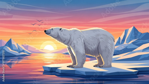 A polar bear stands on a melting ice floe in a serene arctic landscape at sunset with icebergs and birds flying overhead in a warming climate