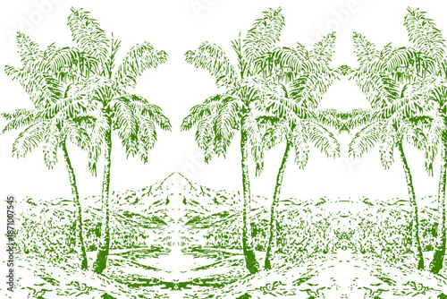 Tropical landscape with palm trees and a serene beach scene illustration