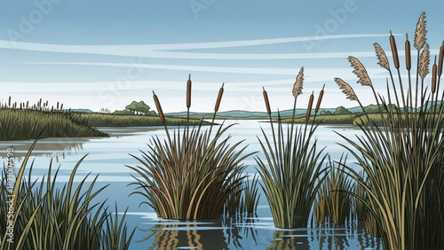 Serene landscape of a tranquil lake with cattails and lush greenery under a blue sky with soft white clouds reflecting on the calm water surface