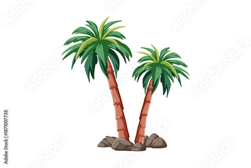 Two palm trees standing on rocks in a serene environment viewed from the front