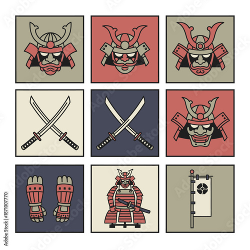 A collection of nine square illustrations depicting various elements of samurai culture, including helmets, swords, armor, and a banner.