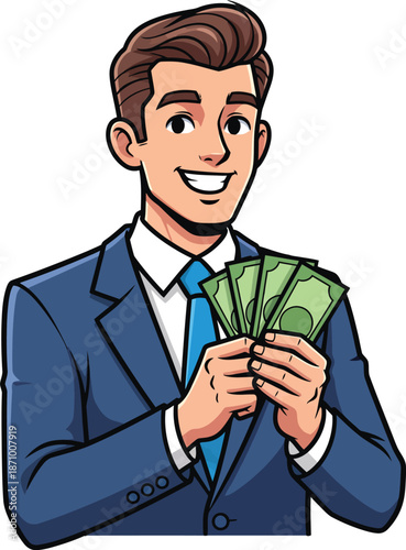 A smiling cartoon businessman in a blue suit holding a fan of green cash.