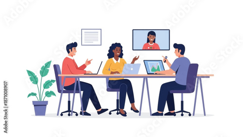 Diverse business team collaboration during a hybrid meeting with remote participants on screen