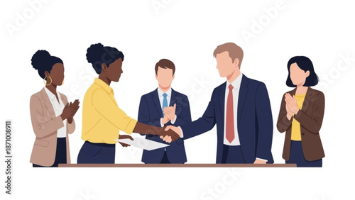 Diverse business team completing a successful agreement with a handshake and applause