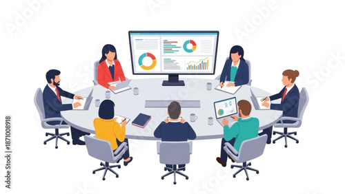 Business meeting with team collaboration around conference table analyzing financial data and charts on large screen display.