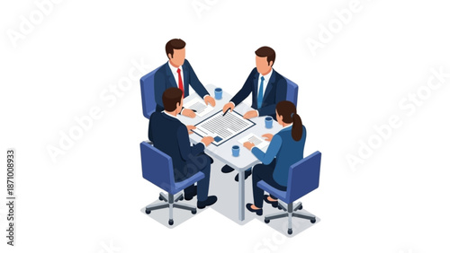Business meeting isometric vector. Four professionals signing a contract or agreement document during a negotiation session at the conference table.