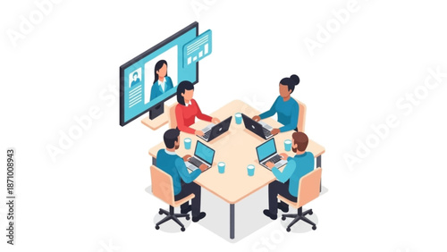 Hybrid team collaboration during video conference call in modern office. Remote work meeting concept.