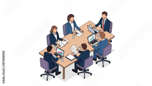 Isometric illustration of business people meeting around a conference table working with documents and laptops representing teamwork and corporate discussion.